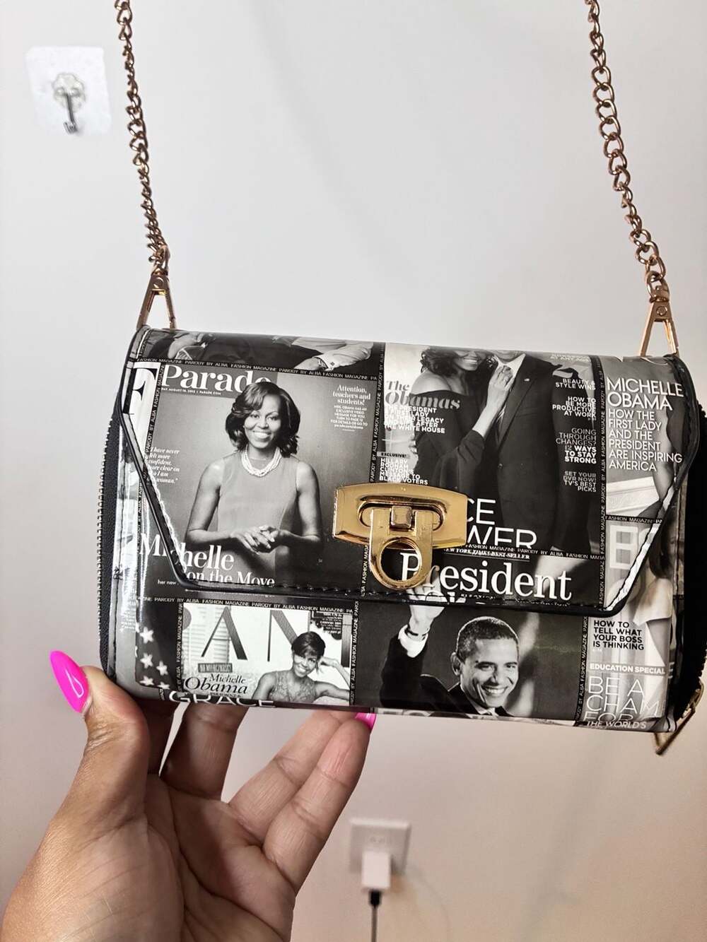 Michelle Obama Magazine Cover Collage Crossbody Clutch Wallet with Chain Strap